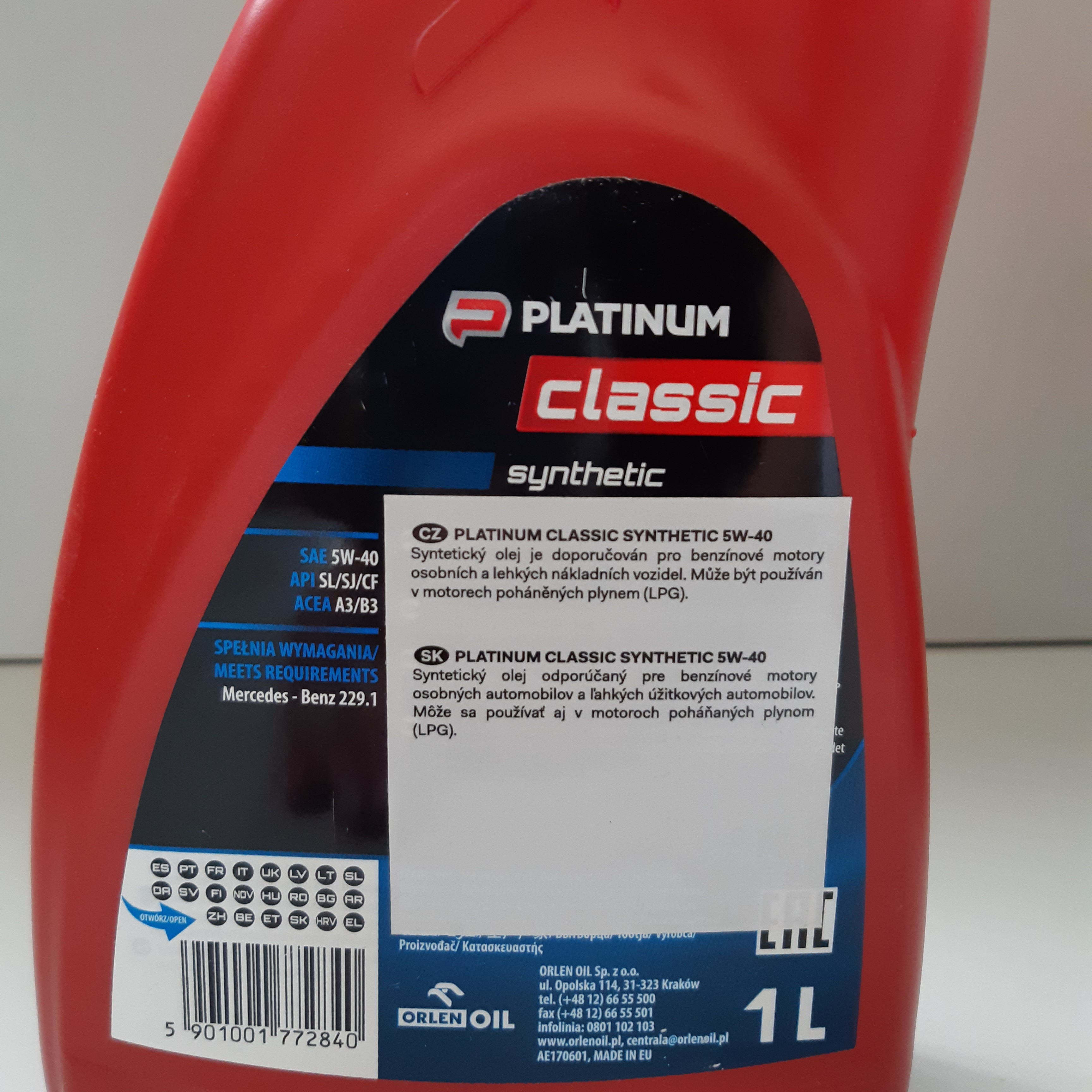 1Litr - Motorový syntetický olej - Platinum CLASSIC SYNTHETIC - 5W-40 - Orlen Oil
