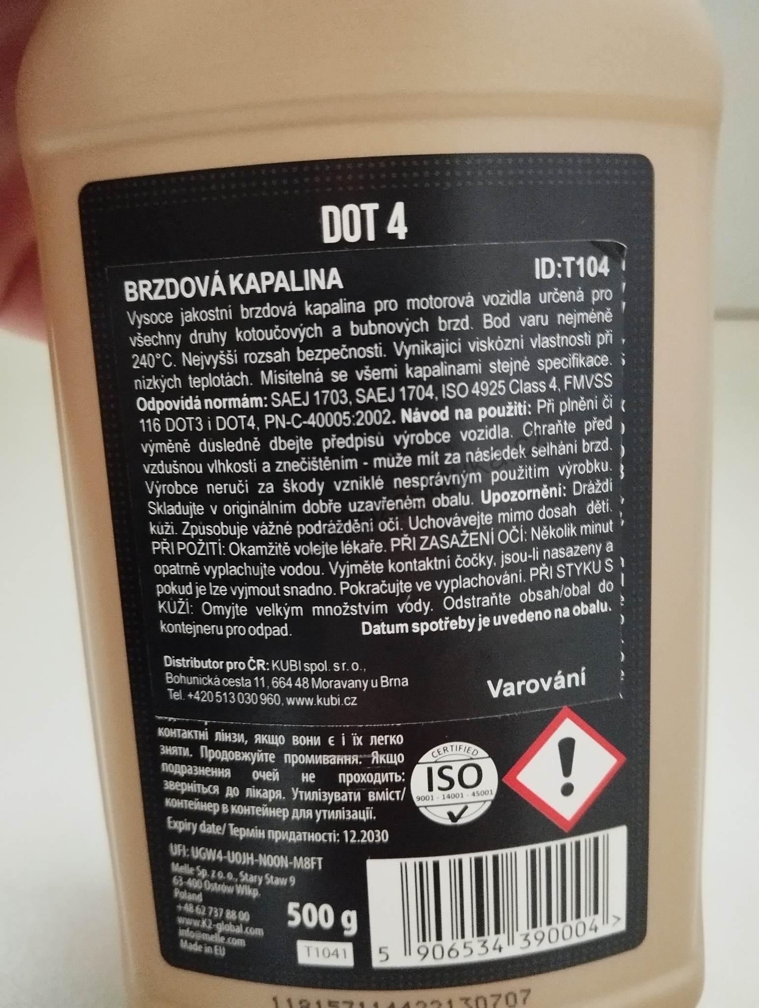 K2 Brzdová kapalina DOT4 - 0,5 litrů