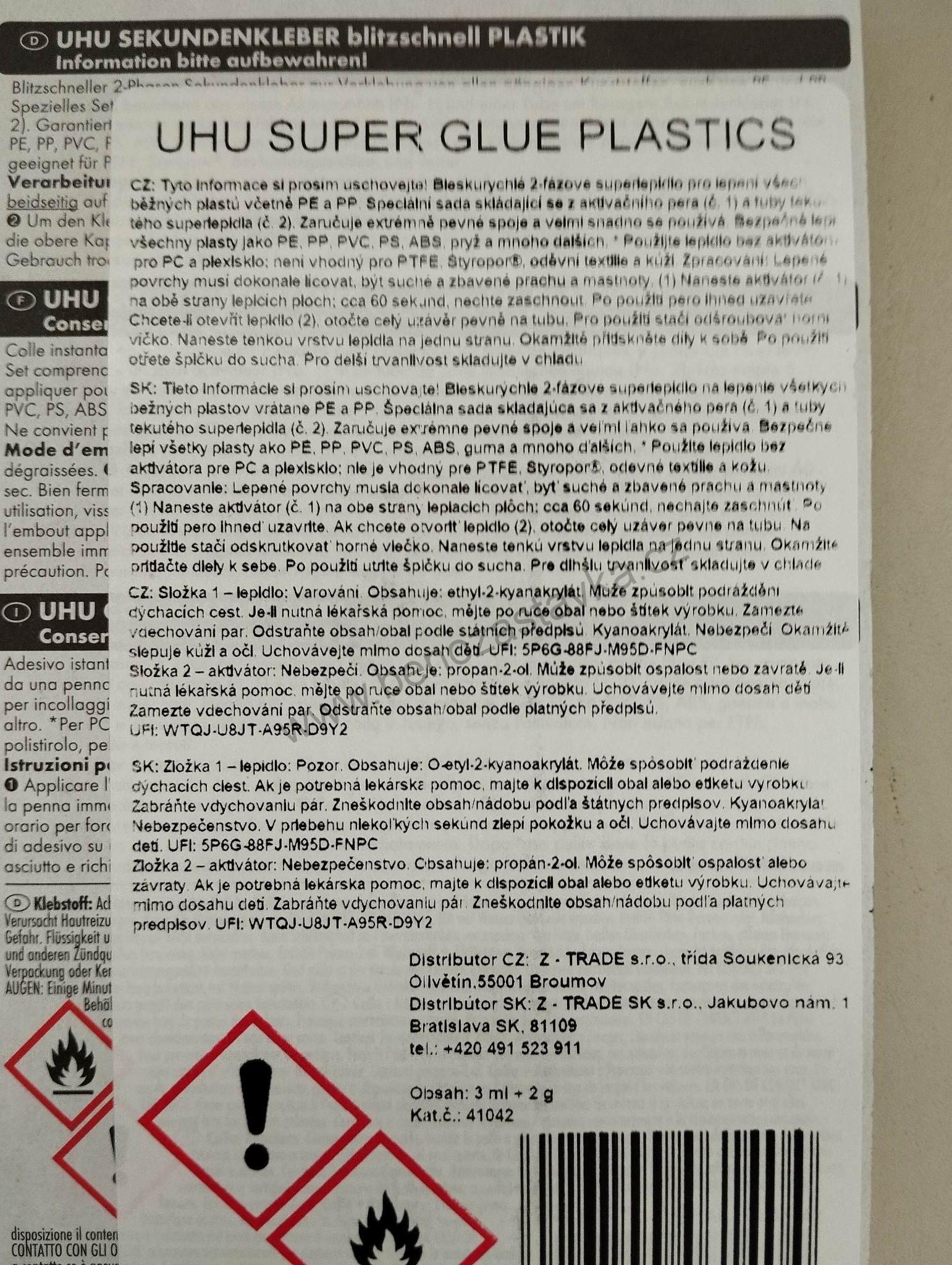 Sekundové lepidlo na všechny plasty UHU SUPER GLUE Plastik 3 ml + 2 g