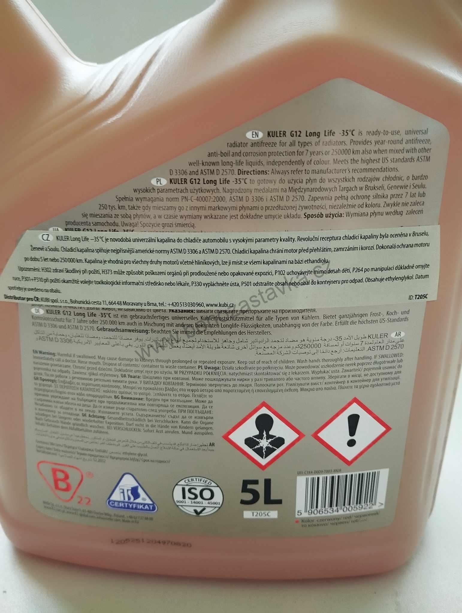 Nemrznoucí chladící kapalina Antifreeze G12 5l - K2 KULER - ČERVENÁ